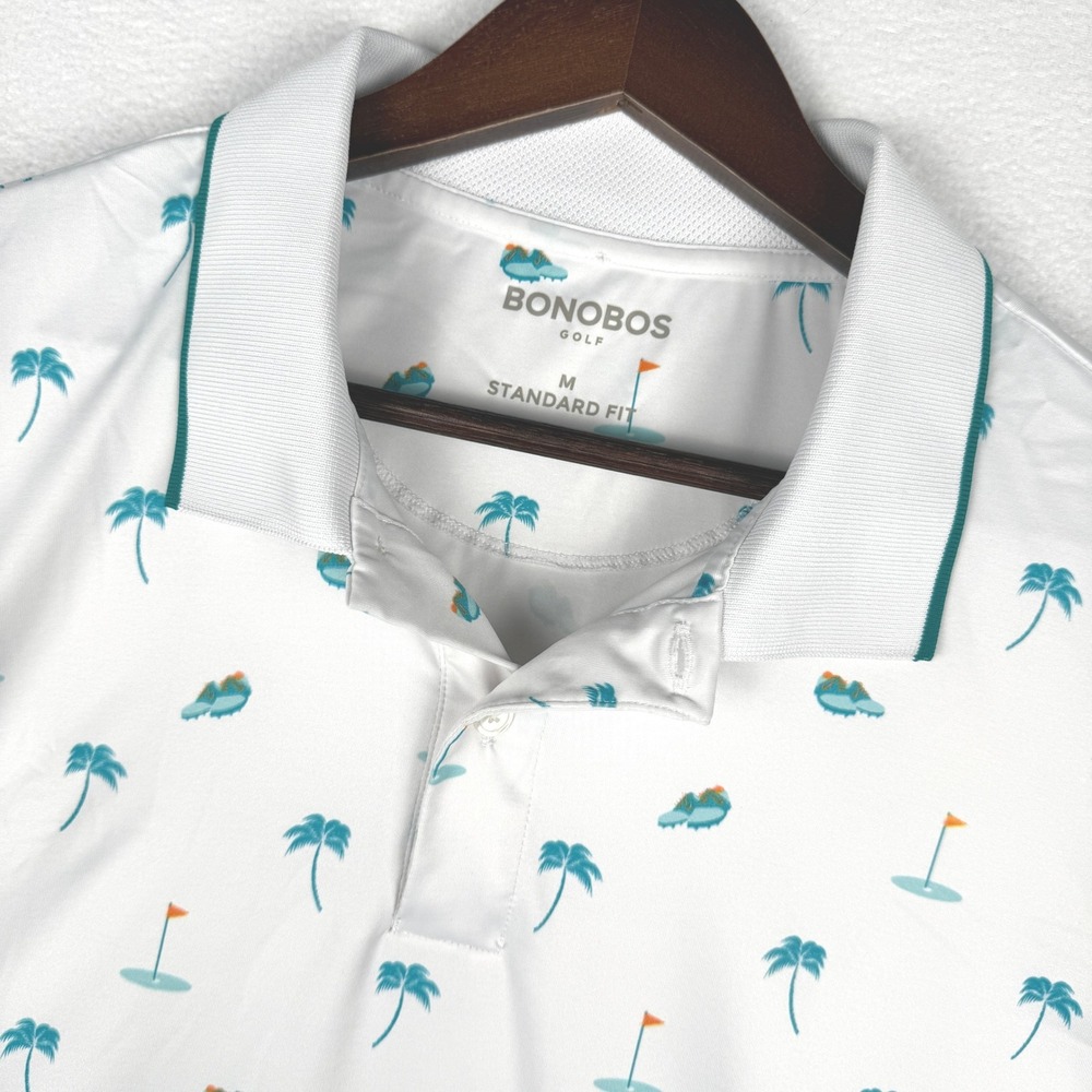 Bonobos Golf Polo Shirt Mens M White Palm Tree Golf Flag AOP Vented Performance